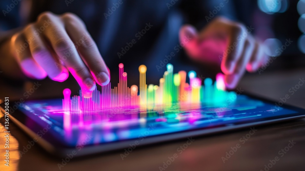 Poster bar graph emerging from a digital tablet screen with glow highlights and simple layout