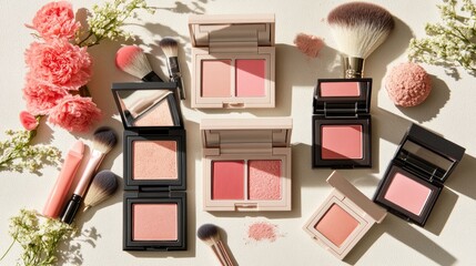 Flat lay of various makeup brushes, compact powder, and blush palettes on a neutral-toned vanity table