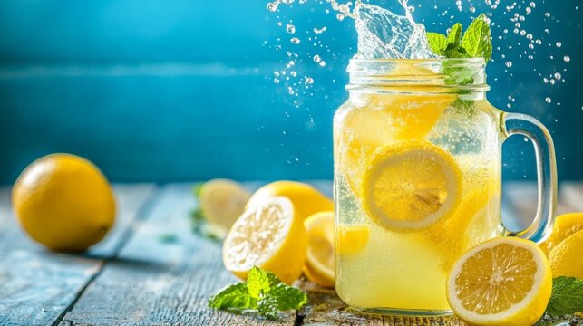 Iced lemonade splashing from a mason jar, with slices of lemon and mint leaves scattered on a wooden table
