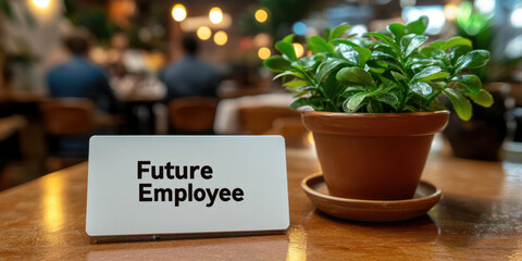 wooden sign that reads "Future Employee" sits on wooden table in blurred cafe setting for websites and blogs discussing career prospects,recruitment,or new talent in casual environment