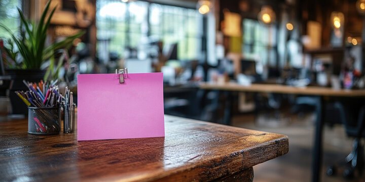 Blank pink sticky note clipped to a wooden table in a blurred, modern, open-plan office or co-working space. Ideal for sites/blogs on business, startups, work, planning, remote work, or office design.