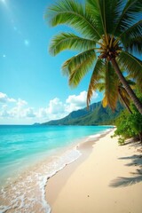 Obraz premium Warm sand beneath sun-kissed palm trees, turquoise waters lap at the shore , island, kayak, water