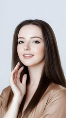 Fototapeta premium Photo Portrait of a Beautiful Woman with Long Brown Hair Smiling in a Studio