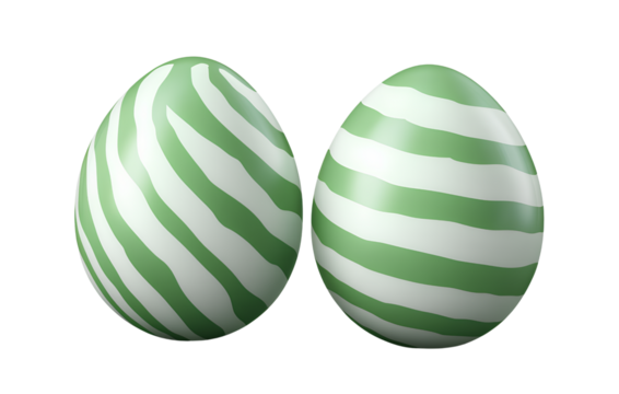 3D realistic two green Easter eggs with white stripes, transparent background