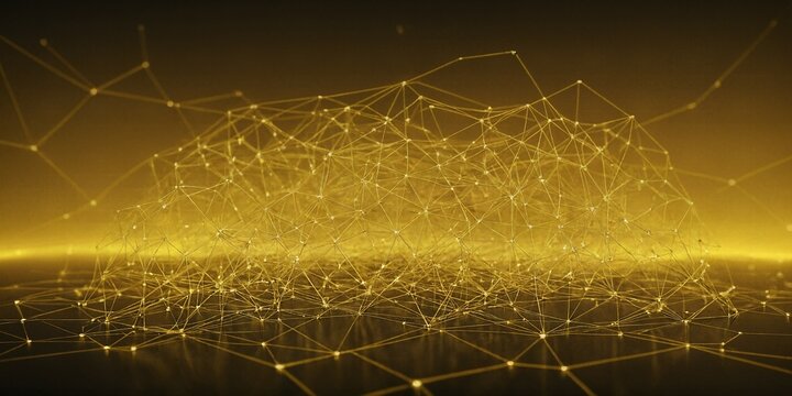Komplexes Netzwerk aus goldenen Verbindungslinien auf dunklem Untergrund &ndash; abstrakte Darstellung eines neuronalen Netzes in dynamischer Struktur