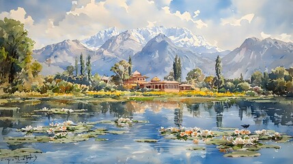 Fototapeta premium Mountain lake view with palace and water lilies