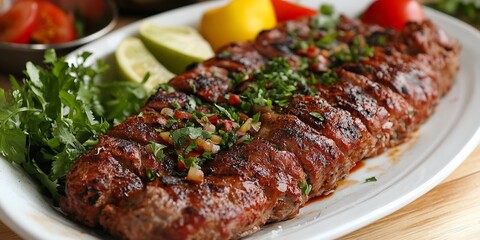 a plate of food on a black surface