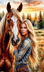 Fototapeta premium Woman with long blonde hair gently embracing a horse against the backdrop of a picturesque sunset