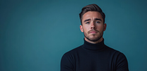 Fototapeta premium Confident Young Man in a Turtleneck Sweater Against a Blue Background
