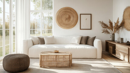 Obraz premium Neutral-toned boho interior with round coffee table, soft textures and natural materials