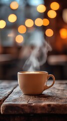 Obraz premium Warm cup of coffee on table surrounded by cozy atmosphere ideal for relaxation moments