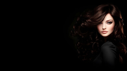 Naklejka premium Photo Portrait of a Beautiful Young Woman with Flowing Dark Hair Against Black Background
