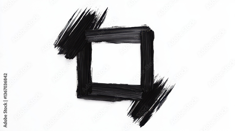 Wall mural textured black brush stroke forms square frame on white background, creating striking contrast and a