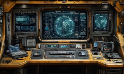 Advanced Control Panel with Screens and Keyboards in a Yellow Interior