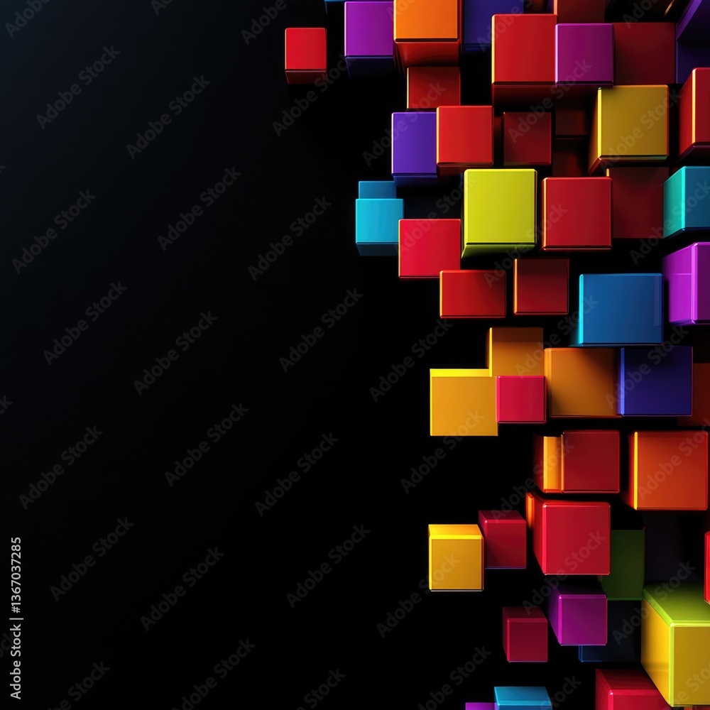 Poster brightly colored cubes are arranged in three-dimensional space, creating a visually striking effect 