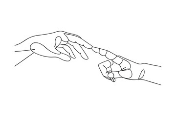 Humanoid Robot Hand and Human Hand Reaching, Line Art