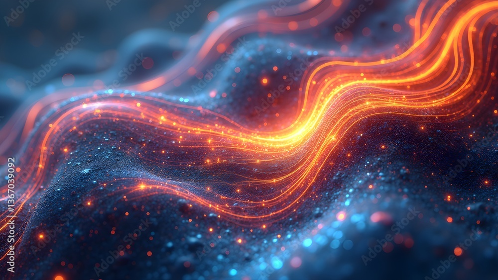 Poster vibrant abstract background with glowing wavy lines in orange and blue for modern design and dynamic