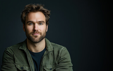 Obraz premium Confident Young Man with Beard Posing Against a Dark Background