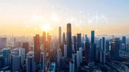 Fototapeta premium Futuristic Holographic Blockchain Ledger Floating Over Dynamic Cityscape of Skyscrapers