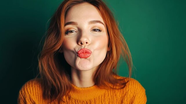 Sending a Kiss: A lovely woman with radiant red hair and a cheerful orange sweater, puckers her lips as if sending a kiss in a charming gesture against a captivating green backdrop.