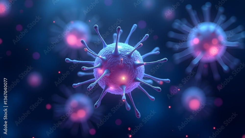 Poster detailed microscopic rendering of virus with spikes and glowing elements on dark background