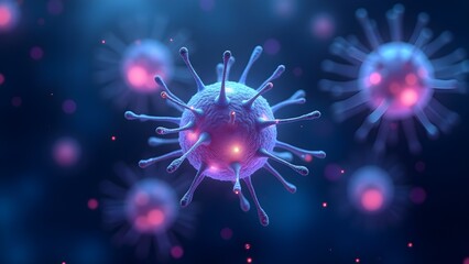 Fototapeta premium Detailed microscopic rendering of virus with spikes and glowing elements on dark background
