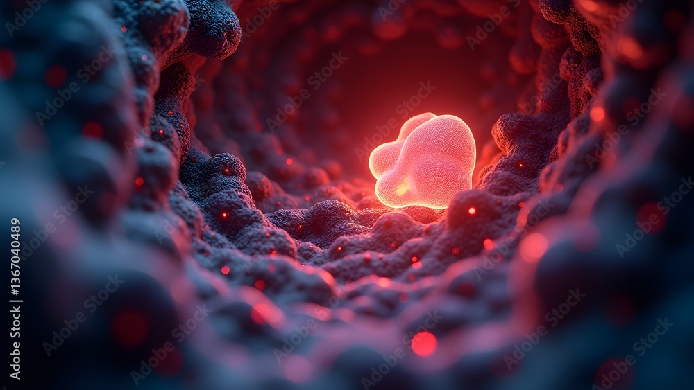 Poster abstract microscopic view of a glowing cell in a biological environment