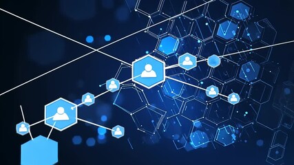 Abstract network connections with user icons on a blue hexagonal background illustrating digital communication - Powered by Adobe