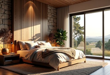 Modern Rustic Retreat: Luxurious Bedroom with Countryside Views, Stone & Wood Walls, Plush King Bed with Soft Bedding, and Warm Lighting – Perfect for Interior Design and High-End Real Estate Marketin