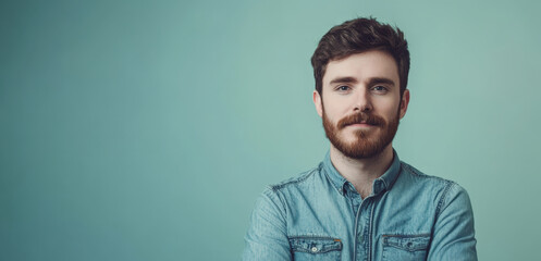 Confident Young Man in Denim Shirt Against a Soft Blue Background
