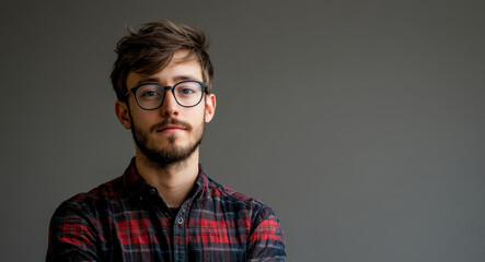 Fototapeta premium Confident Young Man in Casual Attire Against a Neutral Background