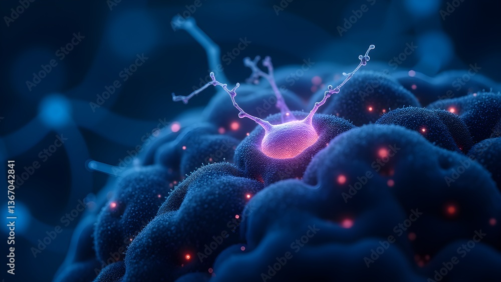 Poster microscopic neuron and brain cell with glowing neural network connections