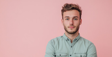 Obraz premium Confident Young Man with Arms Crossed Against a Soft Pink Background