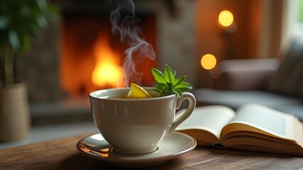 Cozy Still Life with Hot Tea by the Fireplace: A Cup of Tea with Lemon and Mint on a Table with an Open Book