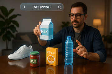 Man using futuristic augmented reality shopping interface at home selecting virtual grocery items like milk cereal and bottled water with smart digital display and search menu system