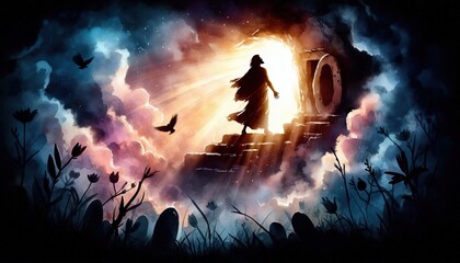 Fototapeta premium Resurrection of Jesus. The open tomb, Easter Morning, Jesus rises from the tomb with glowing light. watercolor painting.