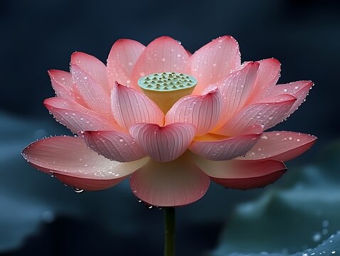 Close-up of Pink Lotus Flower with Water Droplets on Petals