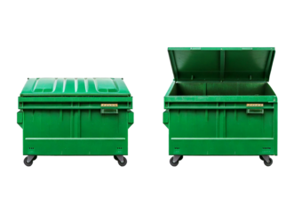 Open and closed green dumpster - 3D illustration , isolated on transparent or white background