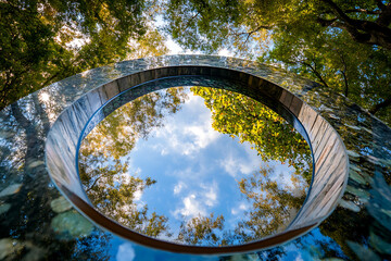 Modern circular sky mirror installation reflecting vibrant blue sky and treetop canopy. Artistic architecture piece blends nature and design. Symbolic portal effect surrounded by forest greenery.

