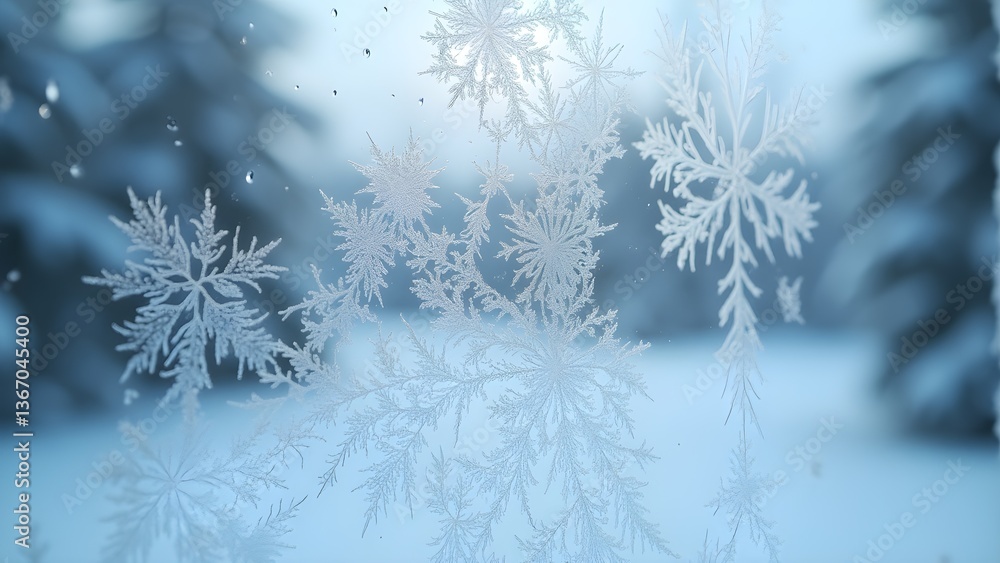 Poster delicate frost patterns on a windowpane with blurred winter scene beyond