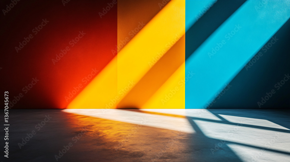 Poster a room with a wall and window showcasing a unique color merging effect with bright light streaming t