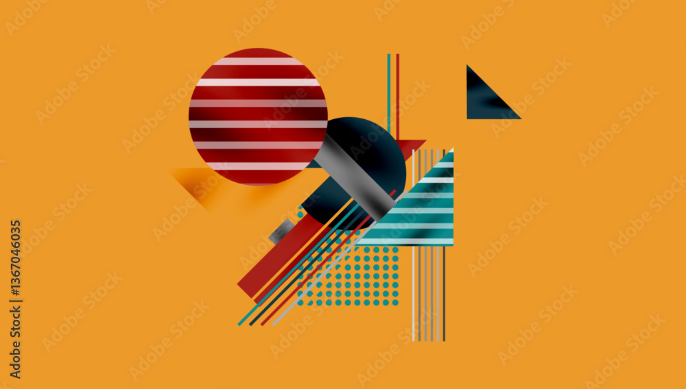 Poster Geometric Abstract Background with Bold Shapes and Contrasting Colors. Circles, triangles, squares and lines with shadow effect