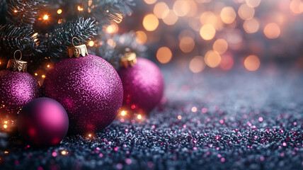 Purple Christmas tree balls on a background with a side. Space for the text.