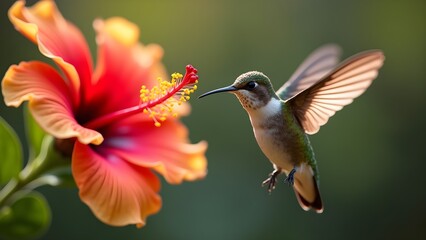 Fototapeta premium Hummingbird Hovering Near Vibrant Hibiscus Flower in a Tropical Garden
