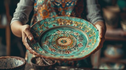 Artisan Holding Hand-Painted Decorative Plate in Workshop