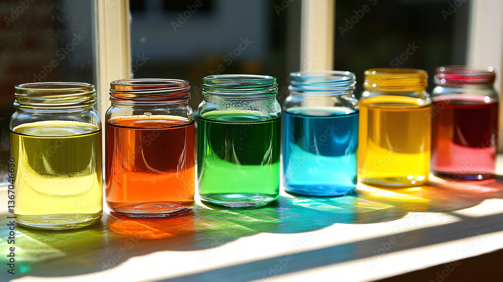 Poster vibrant display of colorful jars arranged in a row showcasing an array of bright paints for creative