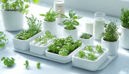 Indoor herb garden in white pots on windowsill.
