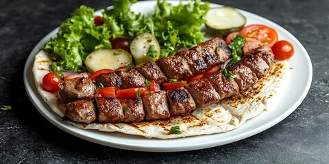 a plate of food on a black surface