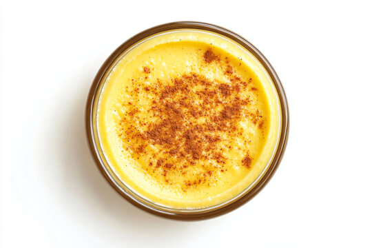 a glass of yellow liquid with cinnamon sprinkles