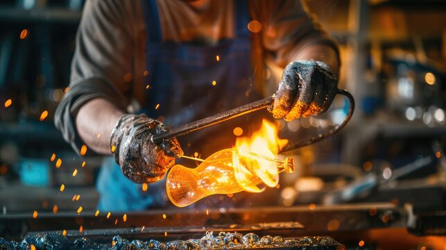 Glassblower Shaping Fiery Molten Glass with Precision